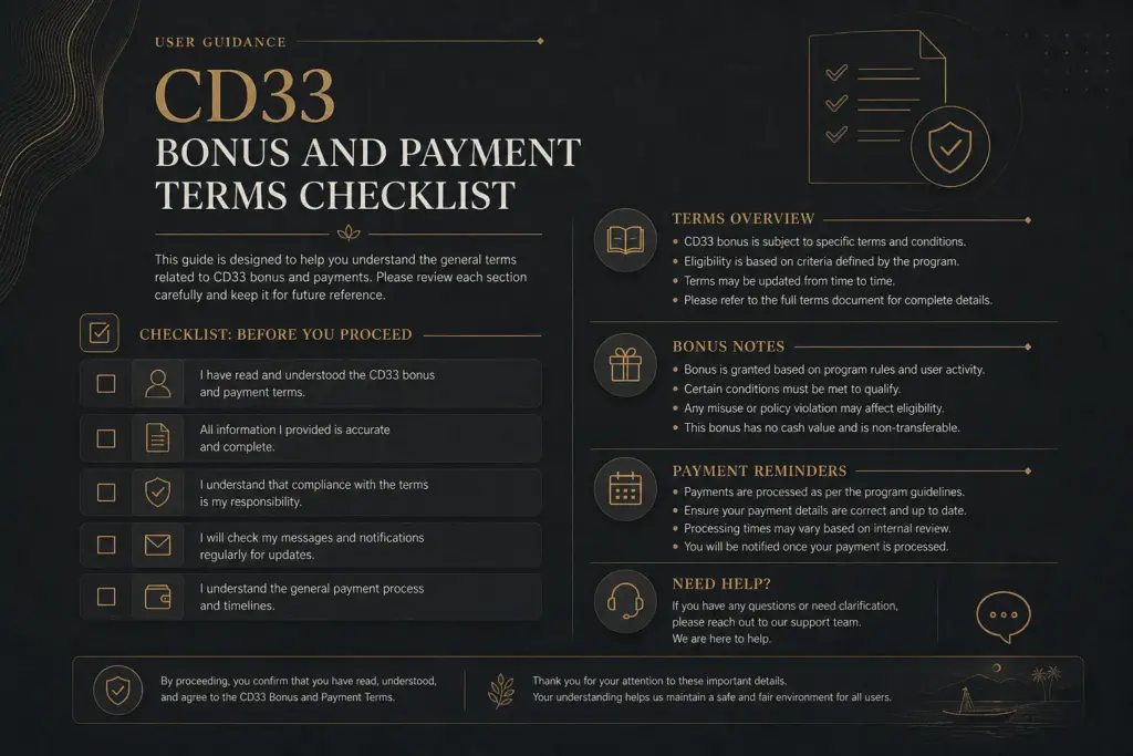 CD33 bonus payment casino terms checklist