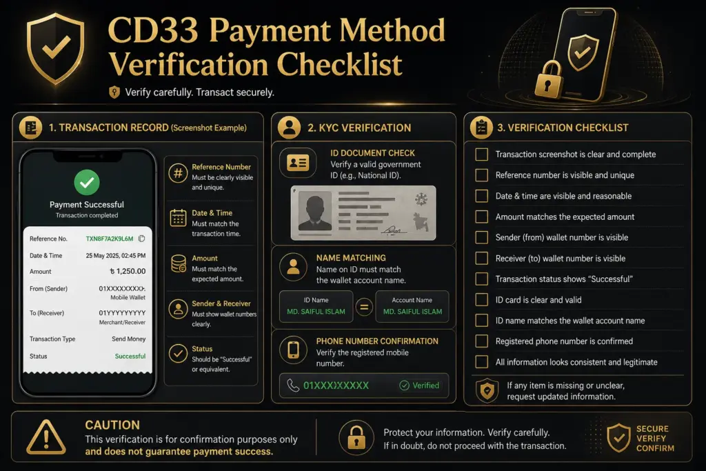 CD33 payment method যাচাইয়ের সাধারণ চেকলিস্ট